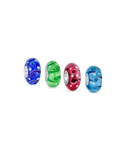 Bling Jewelry Set of 4 Murano Glass Charm Bead Blue Green Pink Aqua Wave Swirl Spacer Silver Core