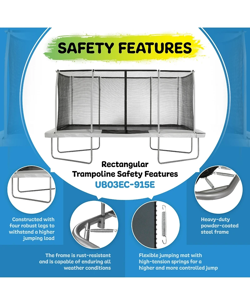 Plexalife 9' X 15' Gymnastics Style, Rectangular Trampoline Set with Premium Top-Ring Enclosure System - Beige/Black