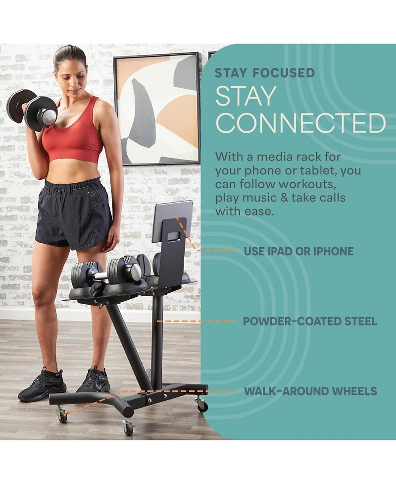 LifePro Adjustable Dumbbell Stand Rack – Compatible with PowerFlow Plus, PowerUp Plus & More – Phone Holder & Caster Wheels for Home Gym