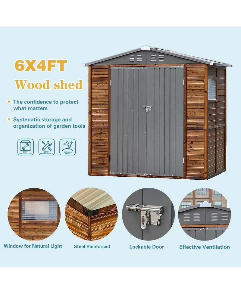 Mondawe 4x6FT Iron-Wood Outdoor Storage Tool Shed with Lockable Door and Windows