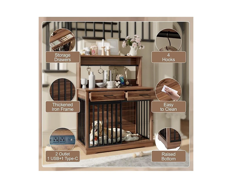 38" Wooden Kitchen Cabinet with 2 Storage Drawers and Shelves Dog Crate