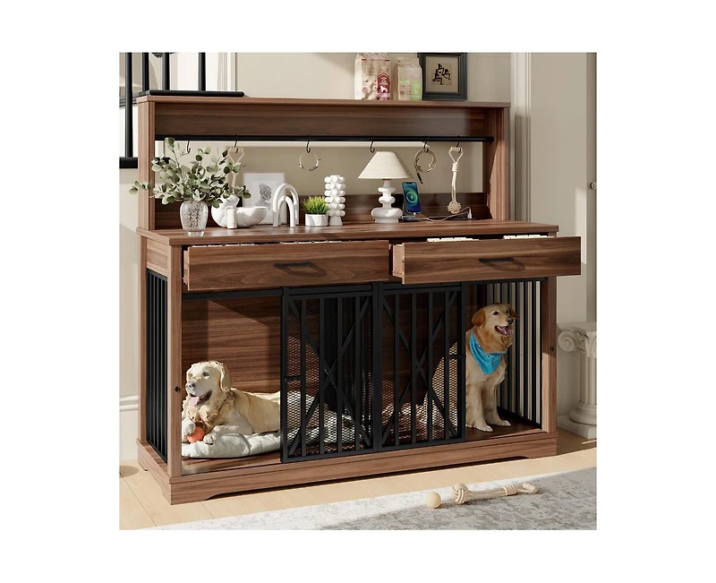 Casainc 55.1" kitchen Cabinet Dog Crate Cage Table with 2 Storage Drawers and Shelves
