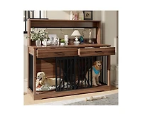 Casainc 55.1" kitchen Cabinet Dog Crate Cage Table with 2 Storage Drawers and Shelves