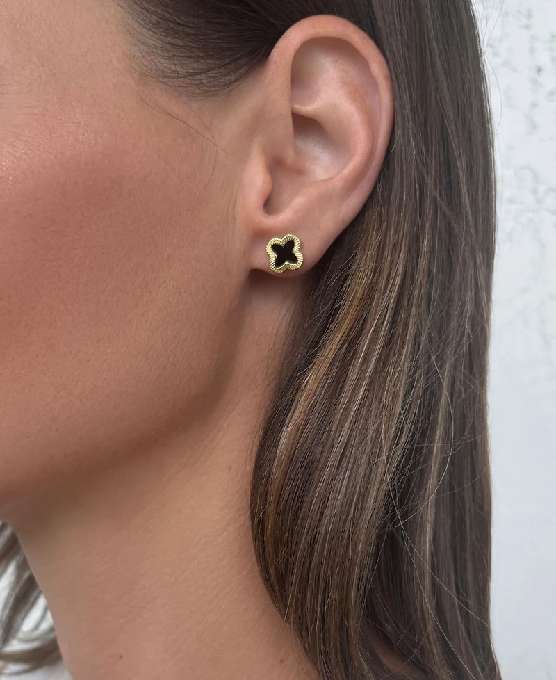 Adornia Gold Fluted Edge Black Clover Stud Earrings