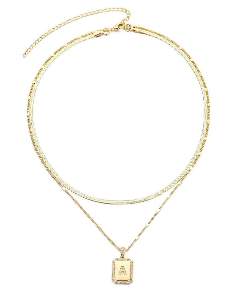 Adornia Gold Pave Tag Pendant and Herringbone Chain Initial Necklace Set