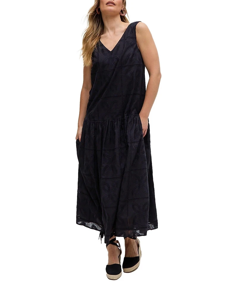 Raffya Women's Squire All Over Cut Work Drop Waist Midi Dress