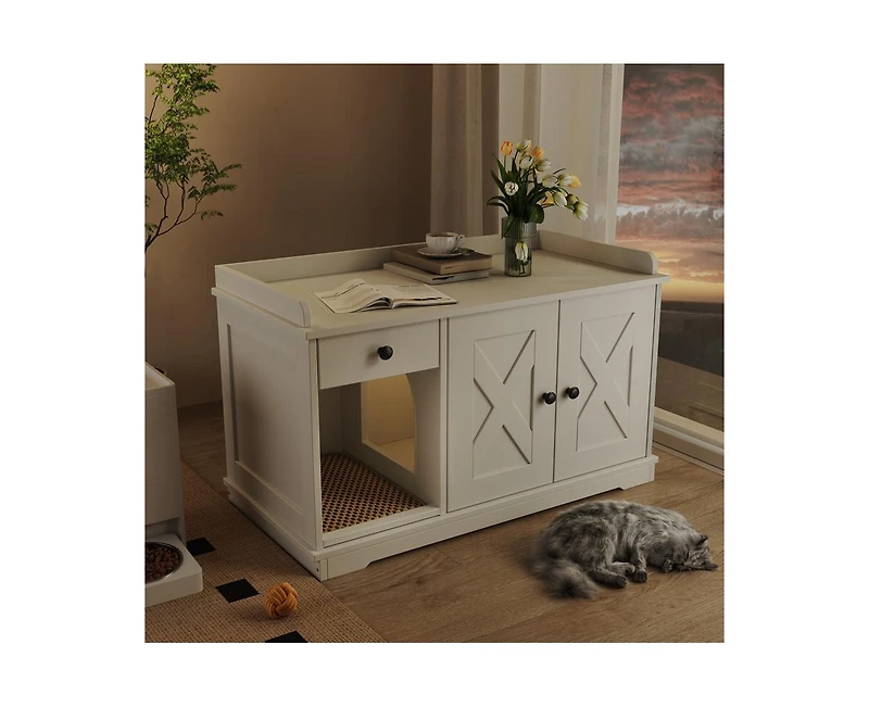 Casainc 33.5" Cat Litter Box Enclosure, Litter Box Furniture Hidden with Cat Litter Mat, Indoor Cat House with Storage Drawer Side Table