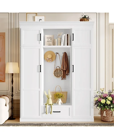 Streamdale Furniture Hall Tree with Bench 3 Hooks Cabinet Drawer & Shelves