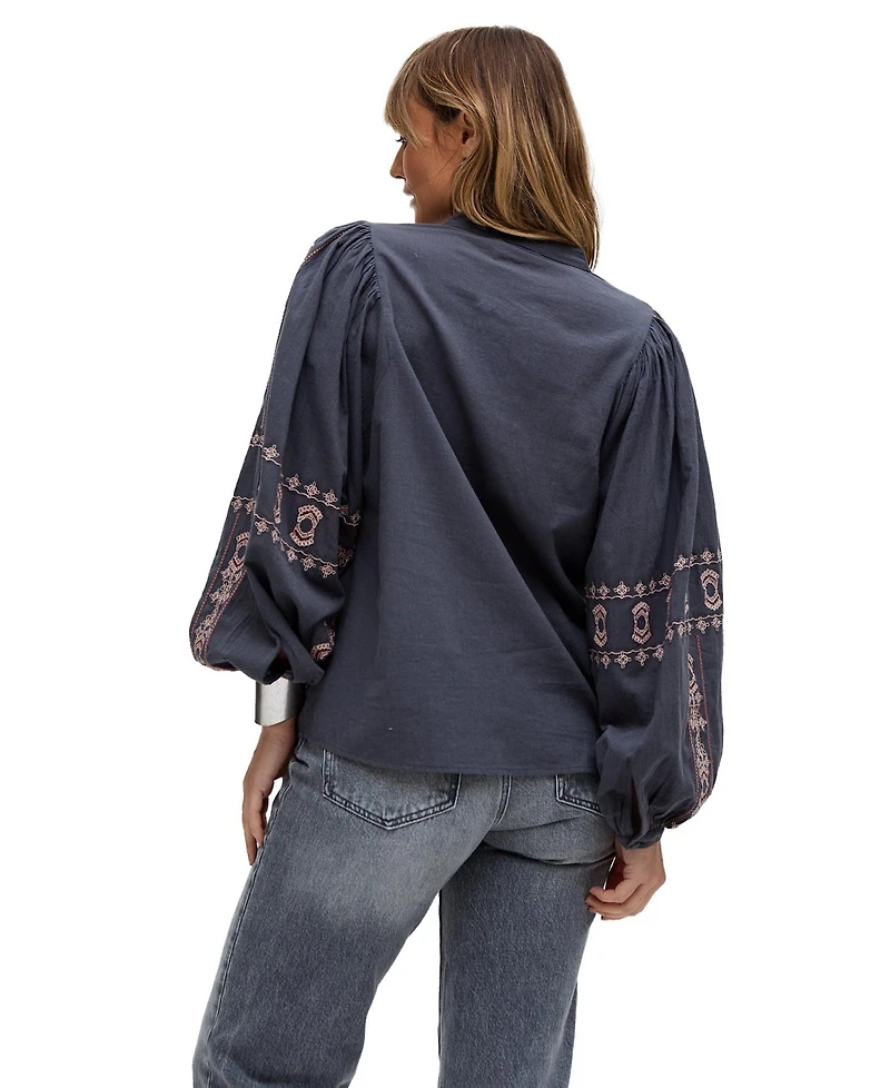 Raffya Women's Demi Embroidered Ballon Sleeve Shirt