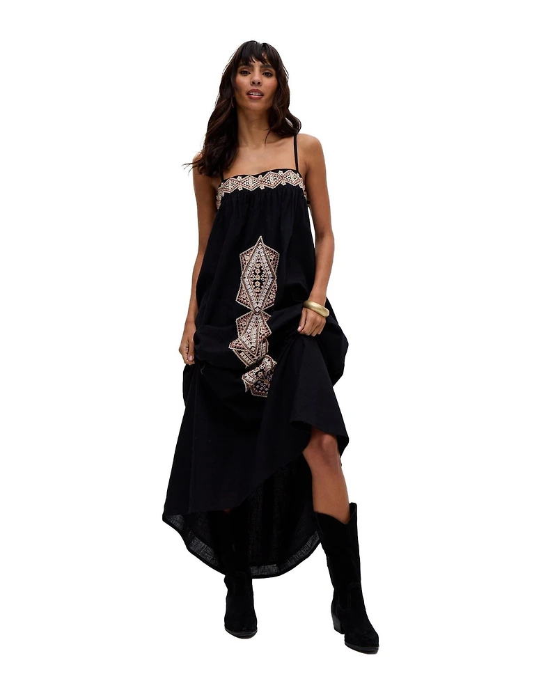 Raffya Women's Sapphire Spaghetti Strap Embroidered Maxi Dress