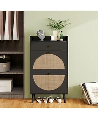 Boyel Living Freestanding Modern Shoe Storage Cabinet 3 Metal Rattan Door Shoe Rack Shoe Cabinet with 3 Flip Drawers for Entryway Living Room, Black
