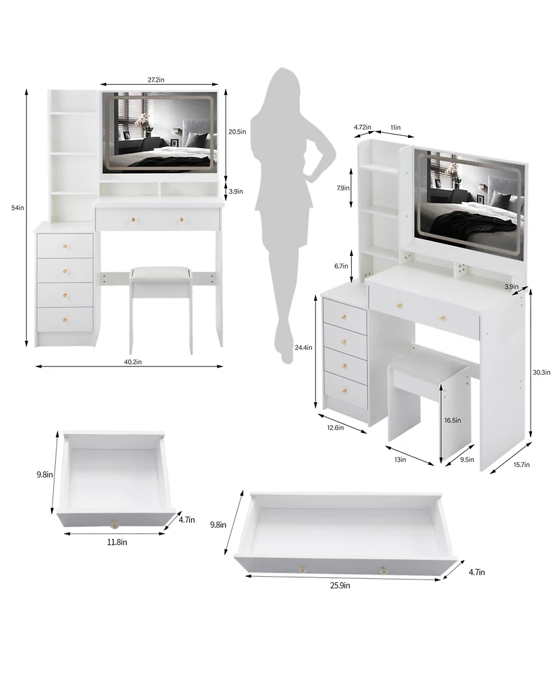 Streamdale Furniture 41" Led Mirror Vanity Table with Stool