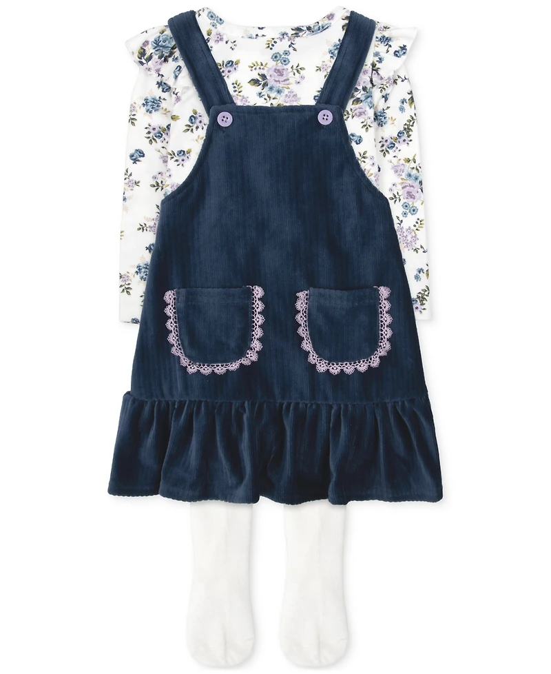Baby Essentials Girls Velour Rib Knit Jumper, Floral-Print Shirt & Footed Tights, 3 Piece Set
