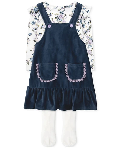 Baby Essentials Baby Girls Velour Rib Knit Jumper, Floral-Print Shirt & Footed Tights, 3 Piece Set