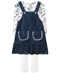 Baby Essentials Girls Velour Rib Knit Jumper, Floral-Print Shirt & Footed Tights, 3 Piece Set