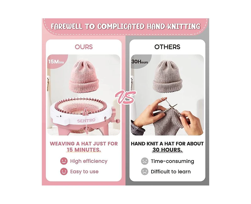 Sentro 48-Needle Pink Knitting Machine | 1-Touch Knitting for Scarves, Hats & Sweaters | Beginner & Diy Friendly | Includes Tutorial & Tools