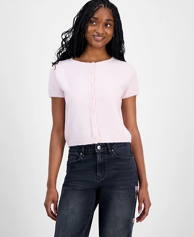 Hippie Rose Juniors' Short-Sleeve Faux-Pearl Cardigan
