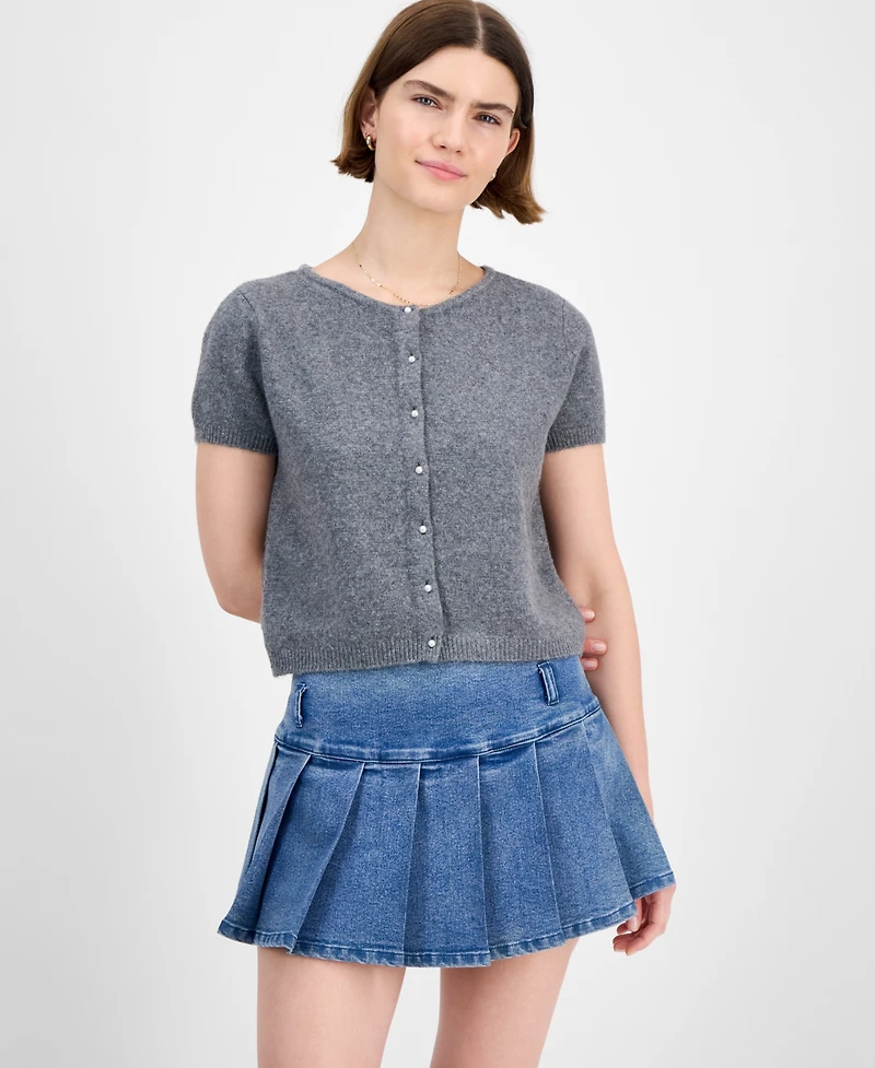 Hippie Rose Juniors' Short-Sleeve Faux-Pearl Cardigan