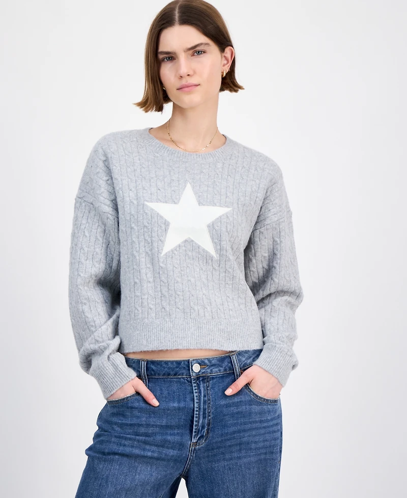 Hippie Rose Juniors' Cable-Knit Varsity Sweater