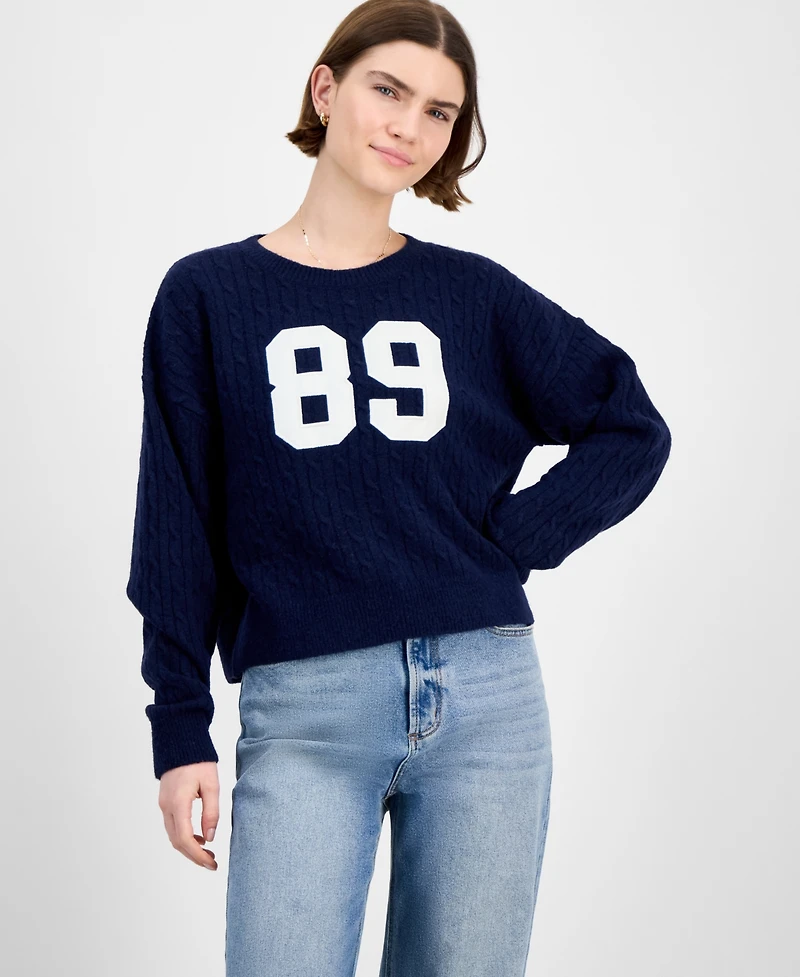 Hippie Rose Juniors' Cable-Knit Varsity Sweater