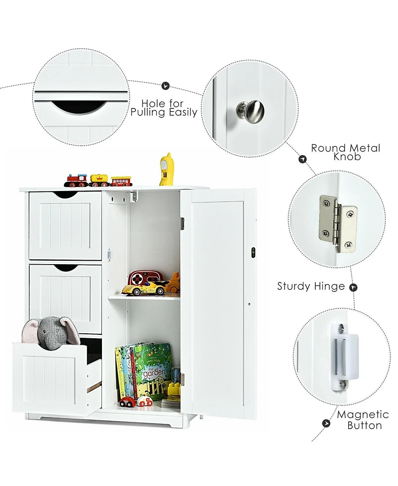 Volenca Bathroom Floor Cabinet Side Storage Cabinet with 3 Drawers and 1 Cupboard