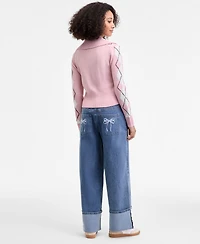 Madden Girl Juniors' High-Rise Cuffed Bow-Embroidery Jeans
