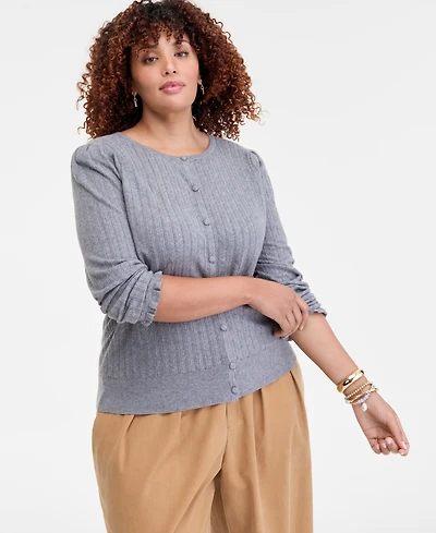 On 34th Trendy Plus Puff-Shoulder Pointelle Cardigan, Macy's Exclusive