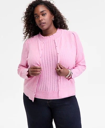 On 34th Trendy Plus Puff-Shoulder Pointelle Cardigan, Macy's Exclusive