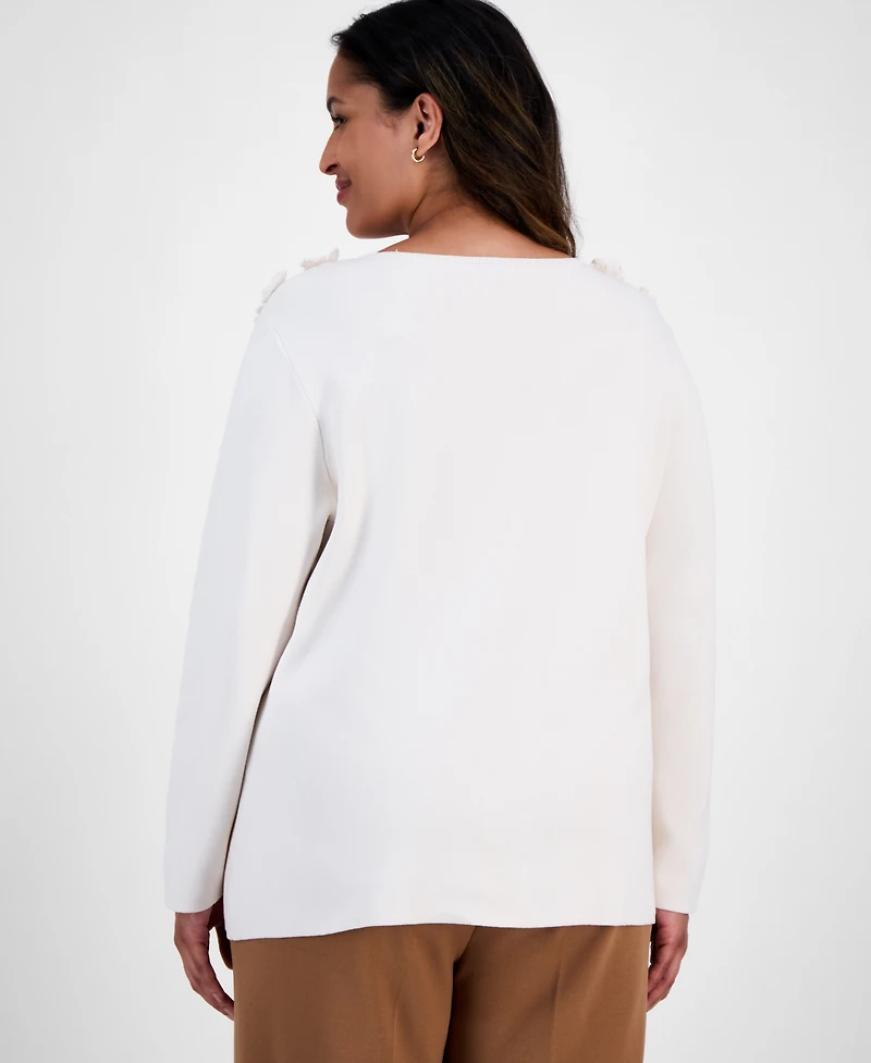 Anne Klein Plus Size Floral-Embellished Boat-Neck Sweater