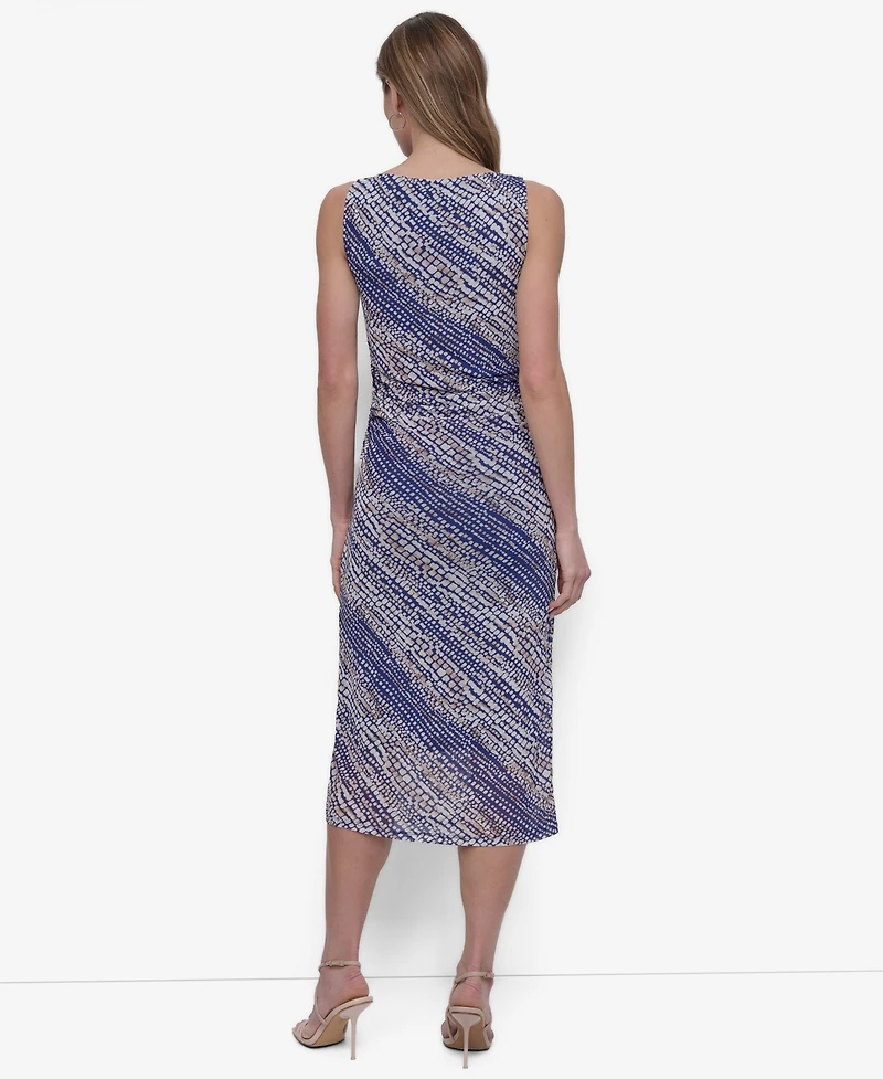 Dkny Women's Printed Ruched Sleeveless Midi Dress