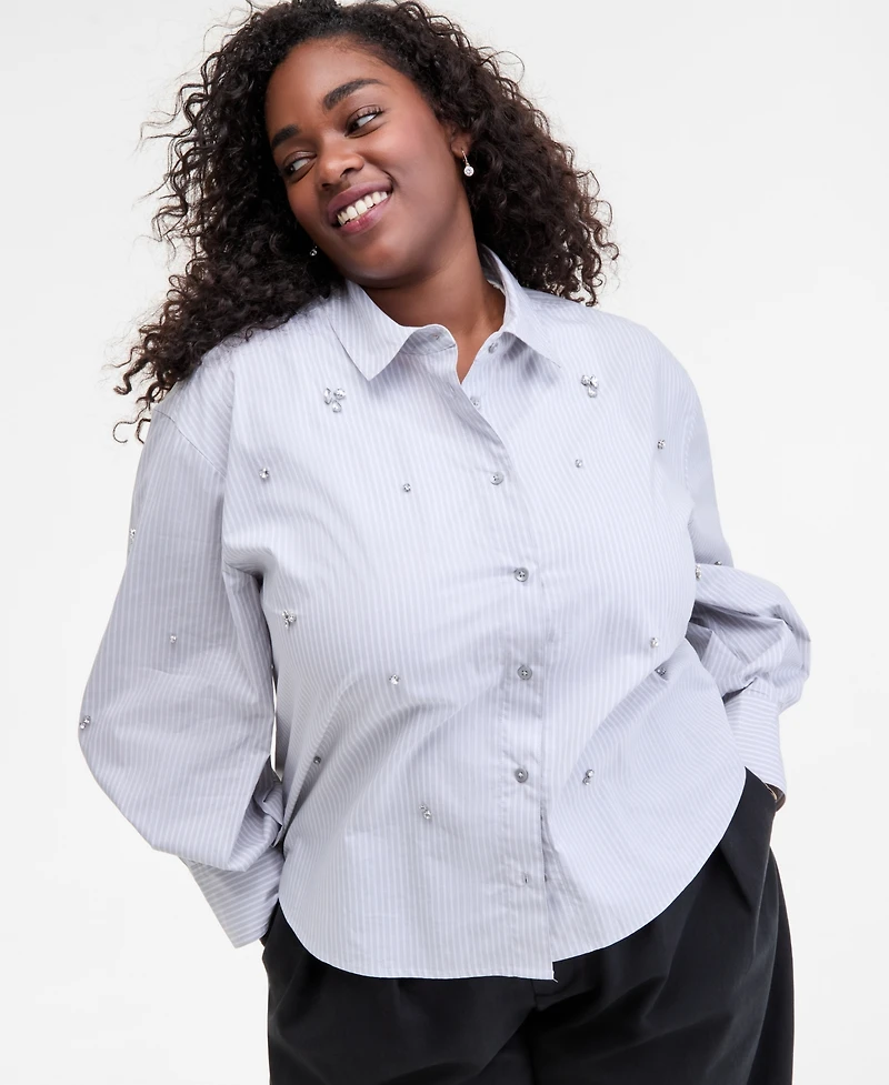 On 34th Trendy Plus Embellished Striped Shirt, Macy's Exclusive