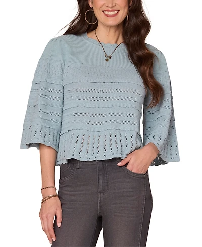 Democracy Women's Cotton Round-Neck Bell-Sleeve Sweater