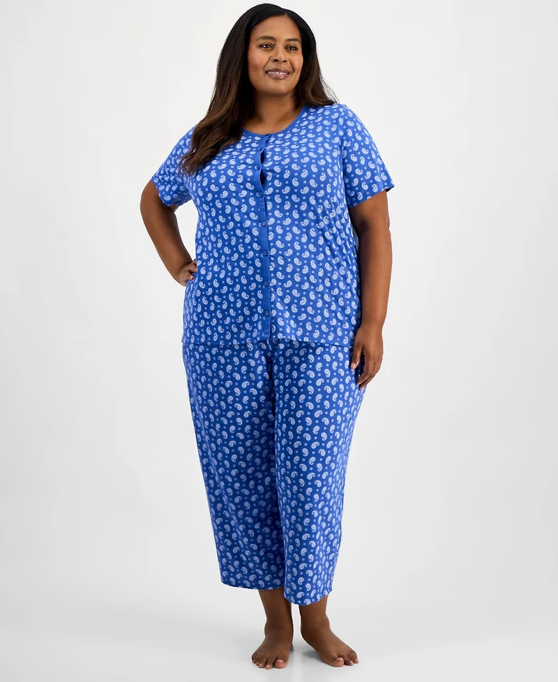 Charter Club Plus Cotton Essential Button-Down Pajama Set, Created for Macy's