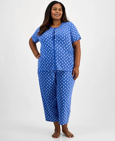 Charter Club Plus Cotton Essential Button-Down Pajama Set, Created for Macy's