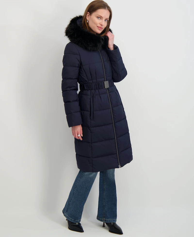 Tahari Women's Faux-Fur-Trim Hooded Belted Puffer Coat