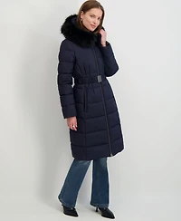 Tahari Women's Faux-Fur-Trim Hooded Belted Puffer Coat