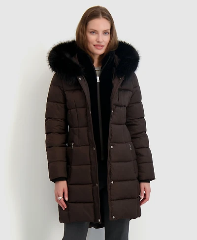 Tahari Womens Velvet Bibbed Faux-Fur Hooded Puffer Coat