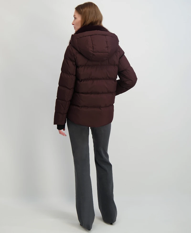 Tahari Women's Faux-Fur-Collar Hooded Puffer Coat