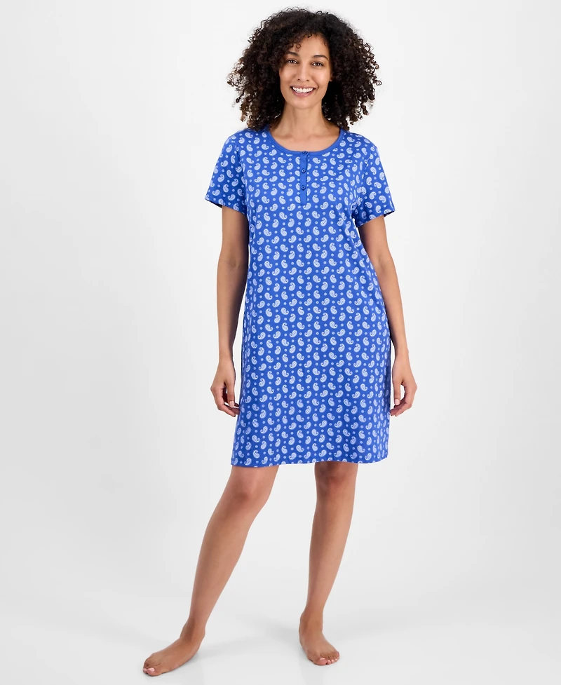 Charter Club Women's Cotton Printed Henley Sleepshirt, Created for Macy's