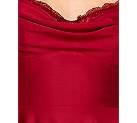 City Studios Juniors' Satin Lace-Trim Fit & Flare Dress