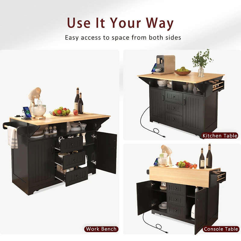 Casainc 55.7" Large Kitchen Island with 2 Drop Leafs, Rolling Cart, Power Outlet, Folding Dining Table, Spice Rack, No Stools