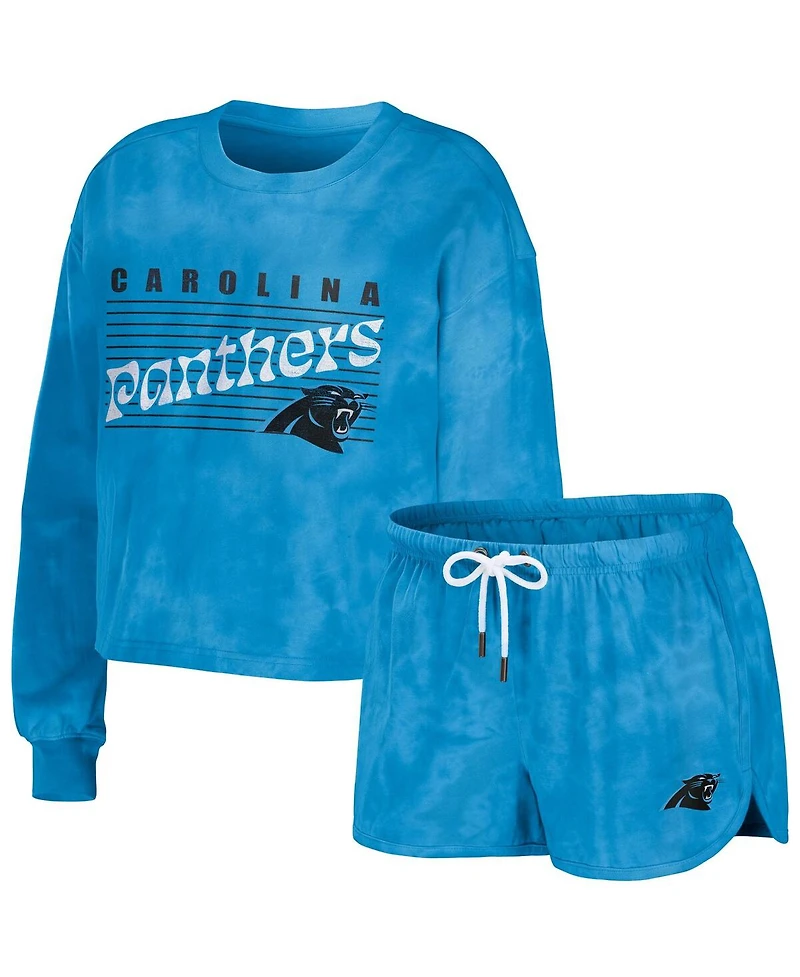Wear by Erin Andrews Women's 2-Piece Blue Carolina Panthers Tie-Dye Cropped Pullover Sweatshirt and Shorts Lounge Set