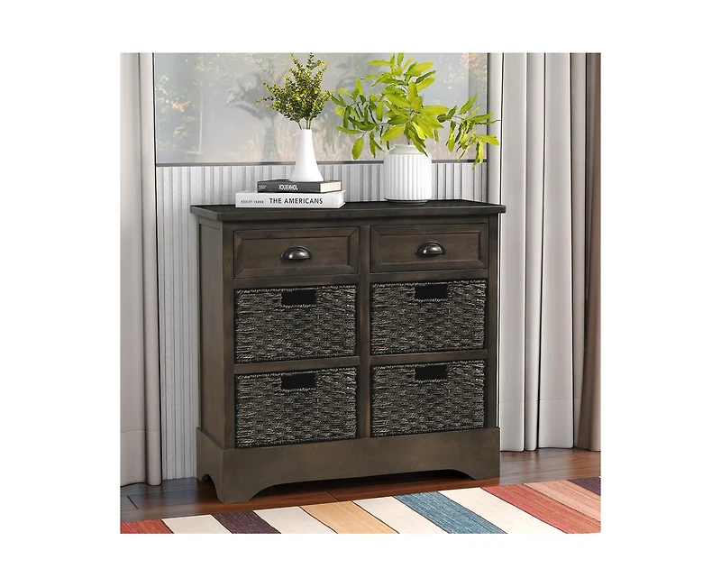 Casainc Rustic Storage Cabinet with Two Drawers and Four Classic Rattan Basket