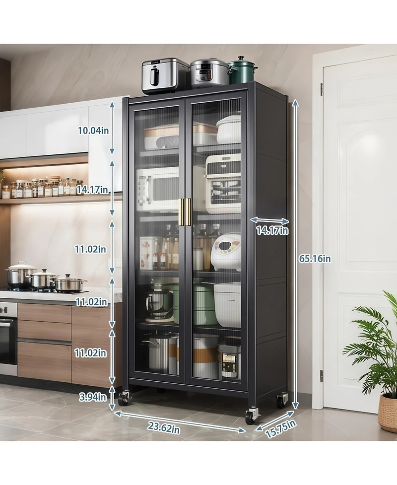 Streamdale Furniture 65" Kitchen Pantry Cabinet with Transparent Door & Wheels Gray