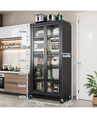 Streamdale Furniture 65" Kitchen Pantry Cabinet with Transparent Door & Wheels Gray