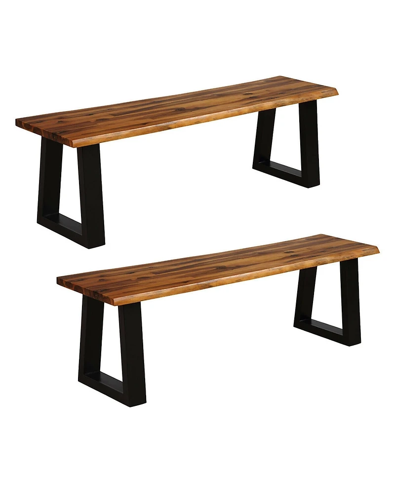 Gymax 2 Pcs Solid Acacia Wood Patio Bench Dining Bench Outdoor W/Rustic Metal Legs