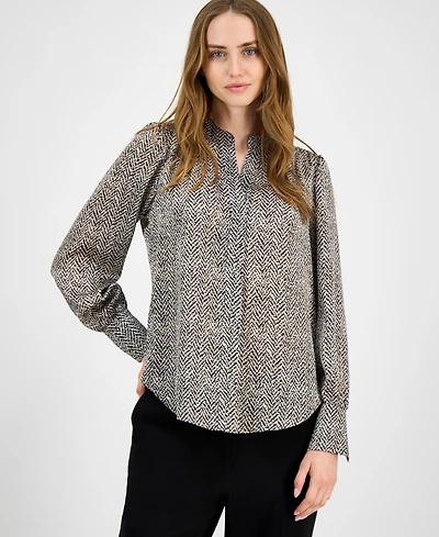 Anne Klein Women's Printed V-Neck Long-Sleeve Blouse