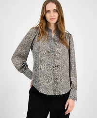 Anne Klein Women's Printed V-Neck Long-Sleeve Blouse