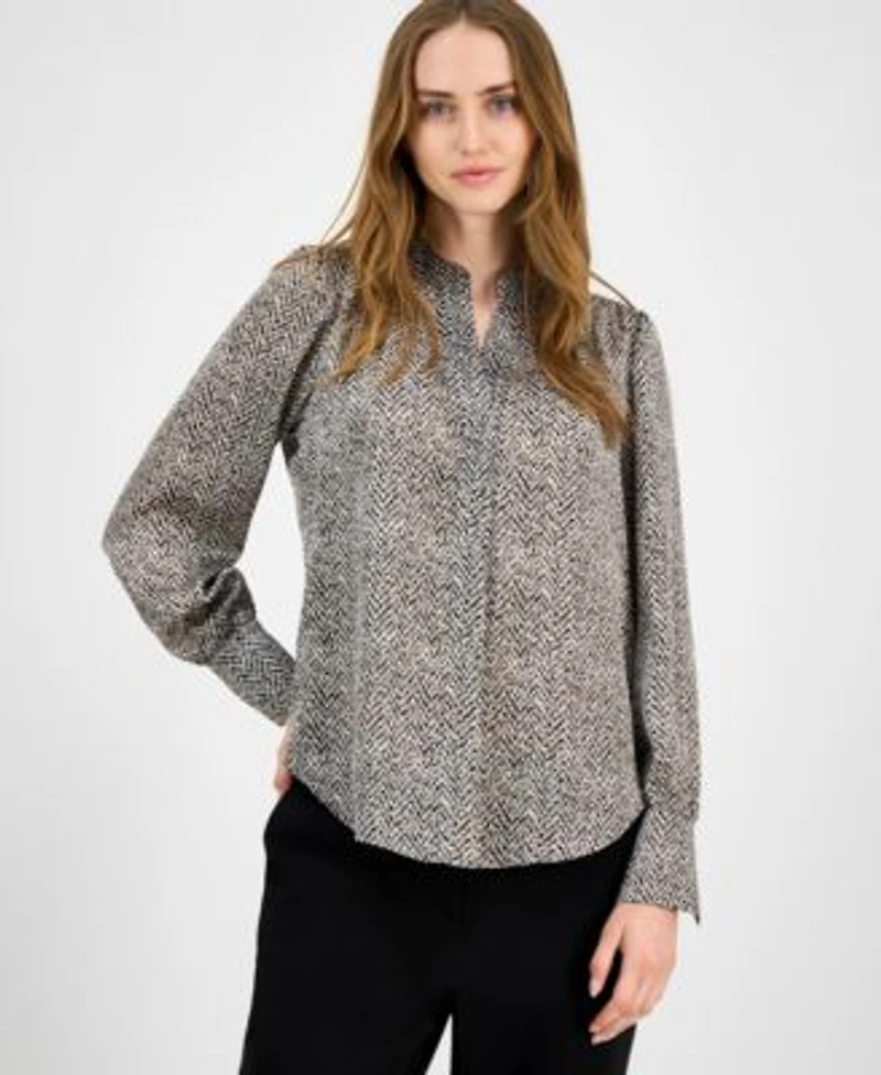 Anne Klein Womens Printed V Neck Long Sleeve Blouse P Xxs 3x