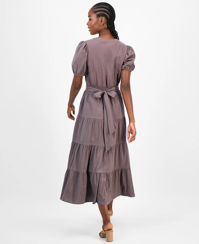 Robbie Bee Petite Puff-Sleeve Tiered Midi Dress